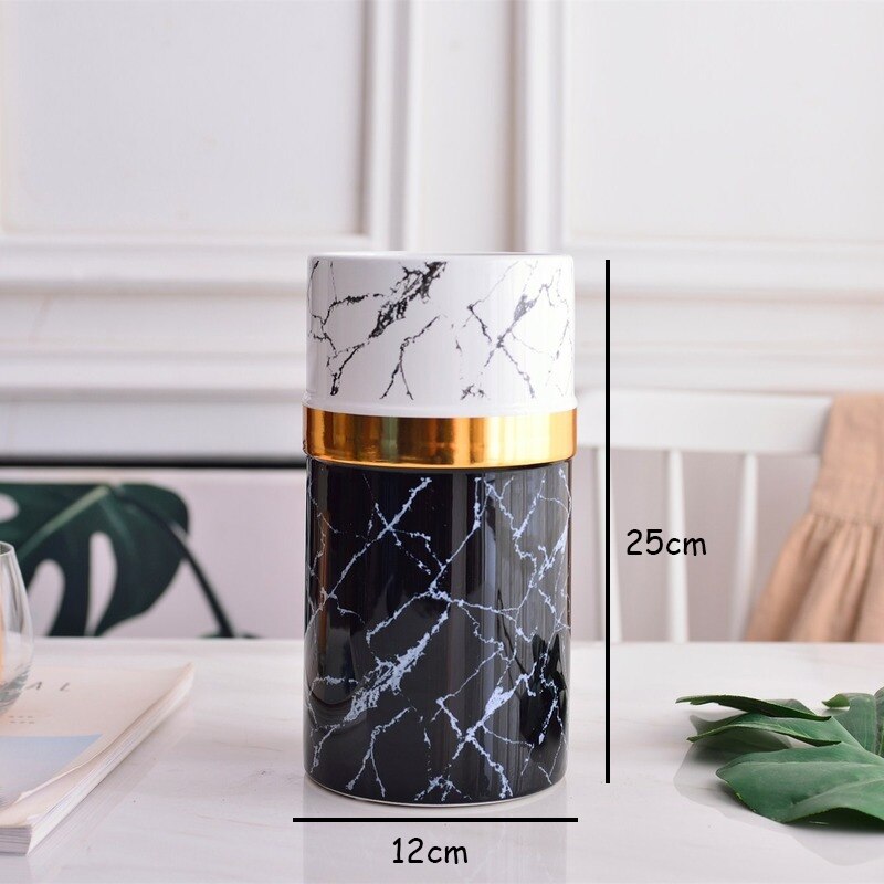 nordisch Moderne Weiß Schwarz Marmor aufbringen Vase Gold Rand Handwerk Keramik Vermittlung Blume Vase Wohnzimmer Dekoration Zubehör: F-12x12x25cm