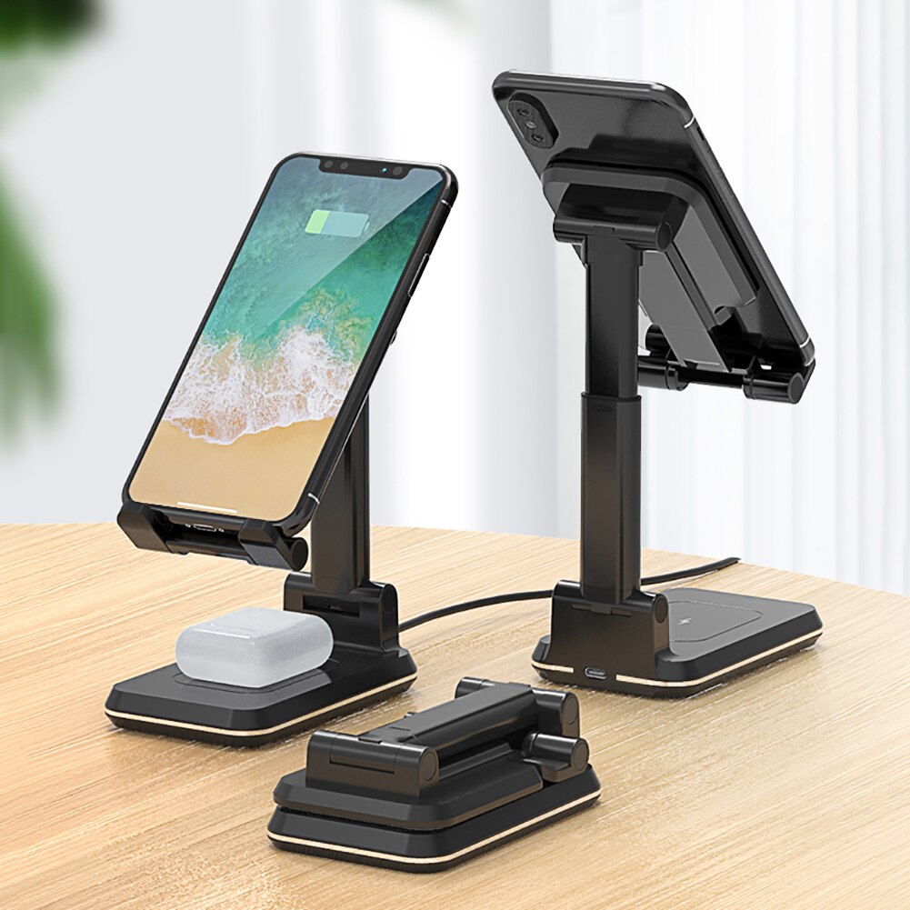 2 in 1 Wireless Charging Tablet Phone Stand 10W Holder Folding Adjustable Earphones Charging Box Portable Mobile Phone Charger