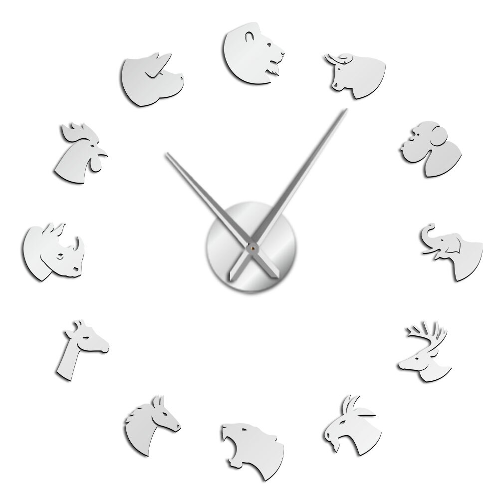 Zoo Animals DIY Large Frameless Mute Wall Clock Wildlife Mirror Stickers Safari Animal Heads Modern Living Room Decorative Watch: Silver / 27 Inch