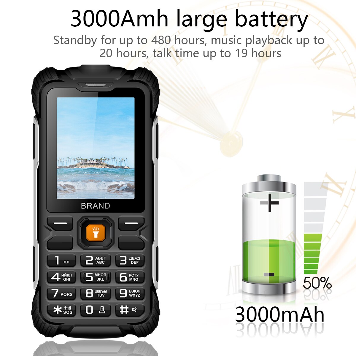 EAOR Power Bank Rugged Phone IP68 Water/Dust-proof Keypad Phones 3000mAh Big Battery 2G Feature Phone Push-button Mobile Phones