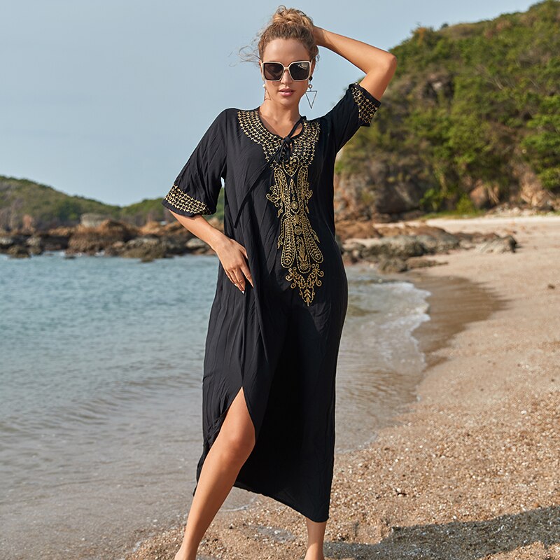 Zwart Katoen Cover-Ups V-hals Beach Cover Up Beach Tuniek Robe De Plage Pareo Vrouwen Maxi Jurk Bikini cover Up Beachwear Sarong