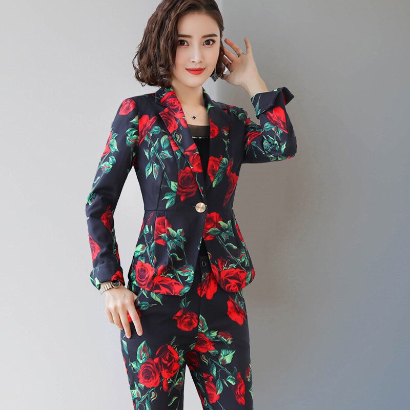 Flower Print Formal Suit Women Office Lady Blazer Set OL Blazers Jacket Uniform Long Sleeve Chinese Style Pants Suit B133