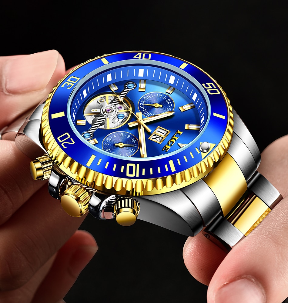 LIGE Marken Männer Automatische Mechanische Tourbillon Uhr Luxus Edelstahl Sport Uhren Herren Uhr Relogio Masculino