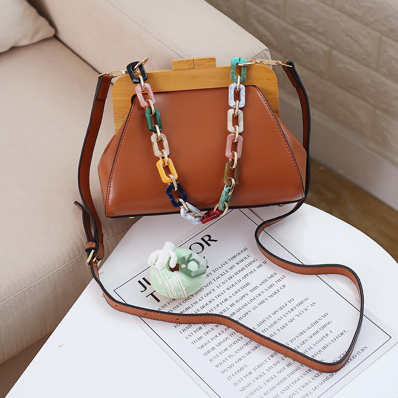 Petit sac à main pour femmes, nouvelle version coréenne de tendance, pince en bois native avec chaîne en jade: Marron