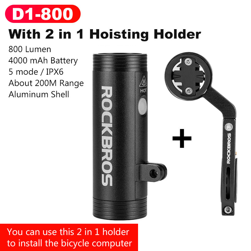 ROCKBROS 400/800 Lumen Bike Front Light Rainproof Bicycle LED Light Flashlight USB Charging MTB Road bike HeadLight Floodlight: D1-800 With Holder