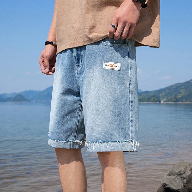 Denim shorts men's loose straight brand wide leg wear Korean Trend boys' summer raw edge 5-point shorts outside 5-5: L