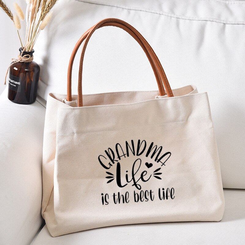 Grandma Life Funny Printed Canvas Tote Bag for Grandma Mother's Day Women Lady Casual Beach Shopping Work Bag Handbag: white