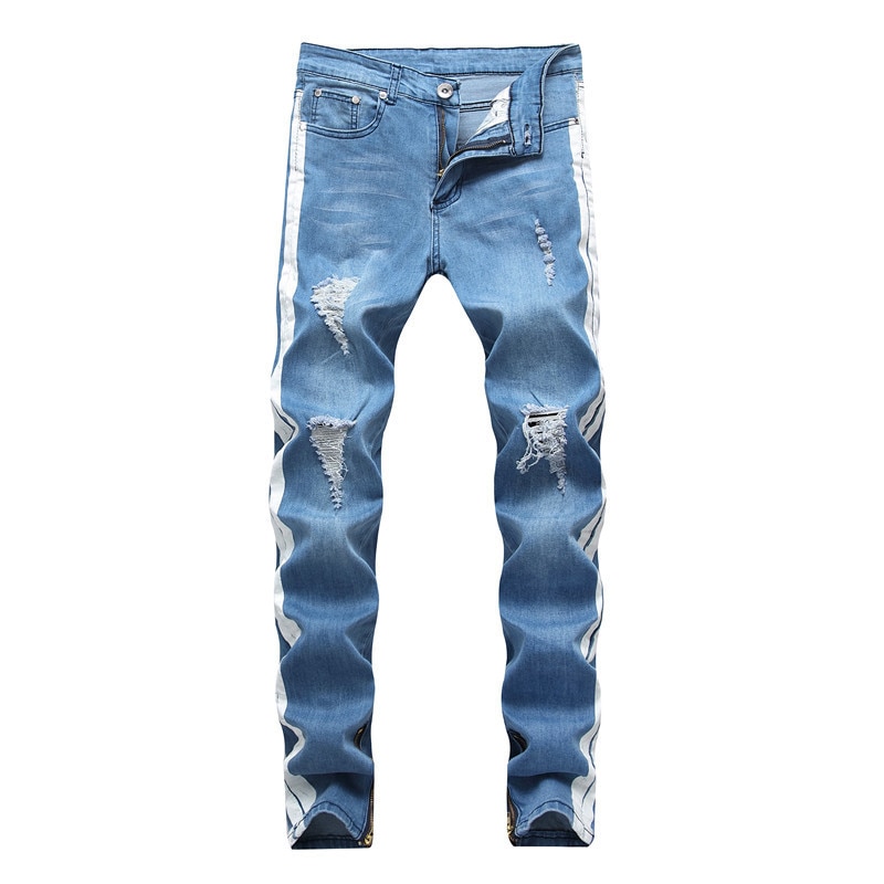 Weiße Streifen auf Seite hoch Straße Jeans Männer Neue für männer Denim Hosen Baumwolle Schwarz Blau: 30