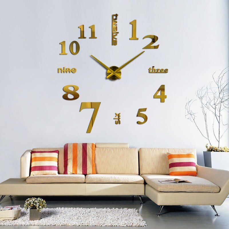 Reloj de pared de cuarzo 3D moderno, Relojes de pared acrílicos grandes reales, espejo, pegatina de pared, reloj de decoración grande para el hogar y la sala de estar: Gold / 37 inch