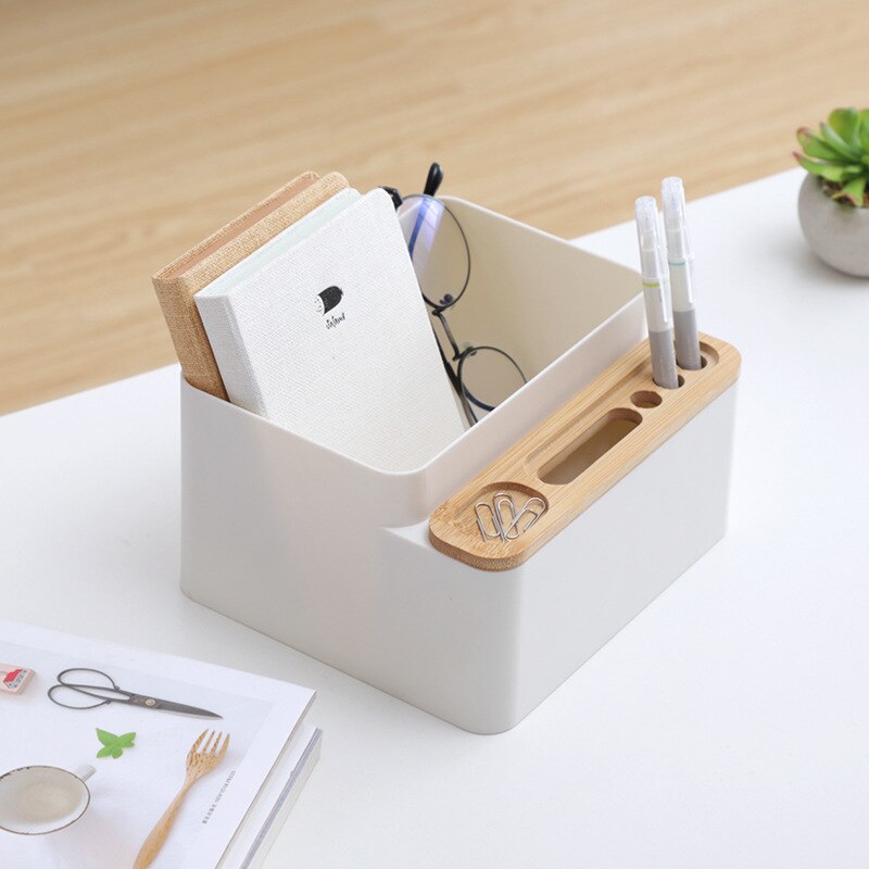 Desk Storage Box Detachable Multi-purpose Storage Box Pen Holder Wood Pen Box Bamboo Storage Case For Home Office Organizer