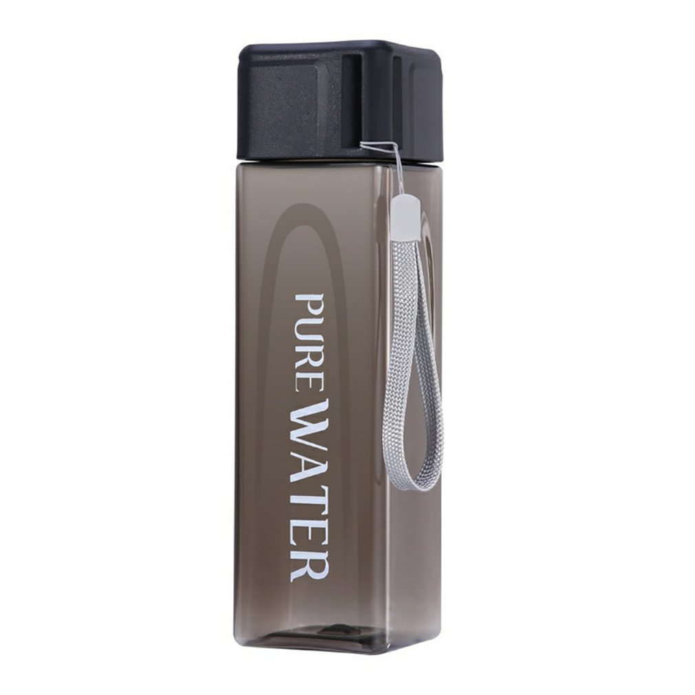 Botella de agua de 480ml, botella cuadrada de plástico transparente mate para beber al aire libre, botella deportiva para leche y zumo con cuerda portátil de Leakproop: black