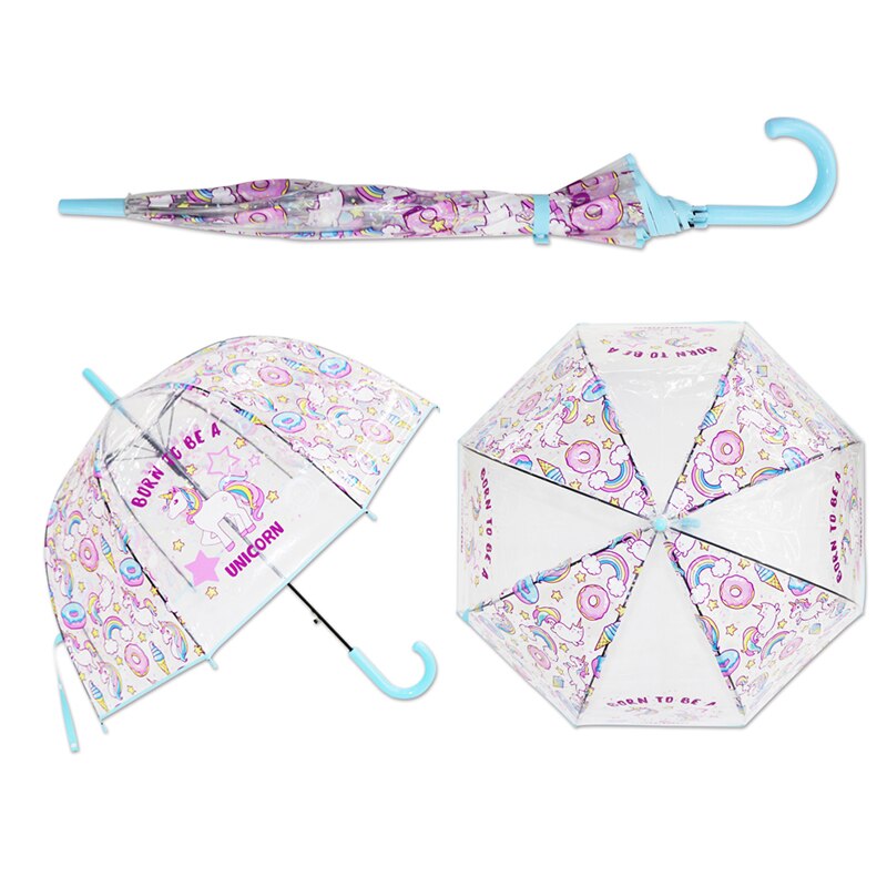 Tegneserie børns paraply dreng pige enhjørning gennemsigtig paraply langt håndtag halvautomatisk vandtæt paraply børns paraply
