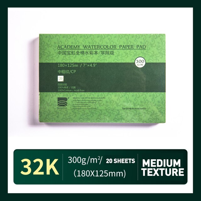 Watercolor Pad Paper, 100% Cotton 20 Sheets, 140lb/300gsm, 32K 16K 12K Glue Bound, Acid-Free, Art Sketchbook Wet &amp; Dry: 32k CP