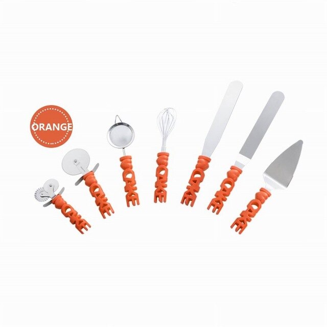 Baking Tools Set Stainless Steel Cake Pizza 9-Piece Baking Supplies Pastry Wheel Mesh Strainer Icing Spatula: Orange