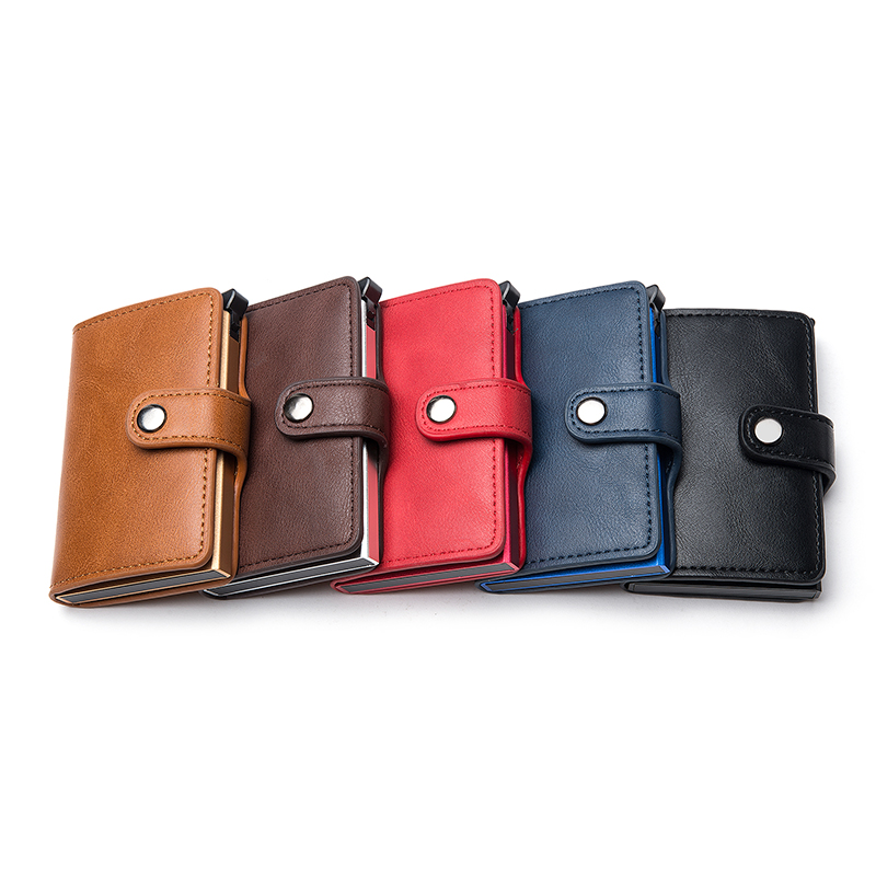 BISI GORO Casual Card Holder Hasp Protector Smart Card Case RFID Aluminum Box Slim Men and Women PU Leather Wallet