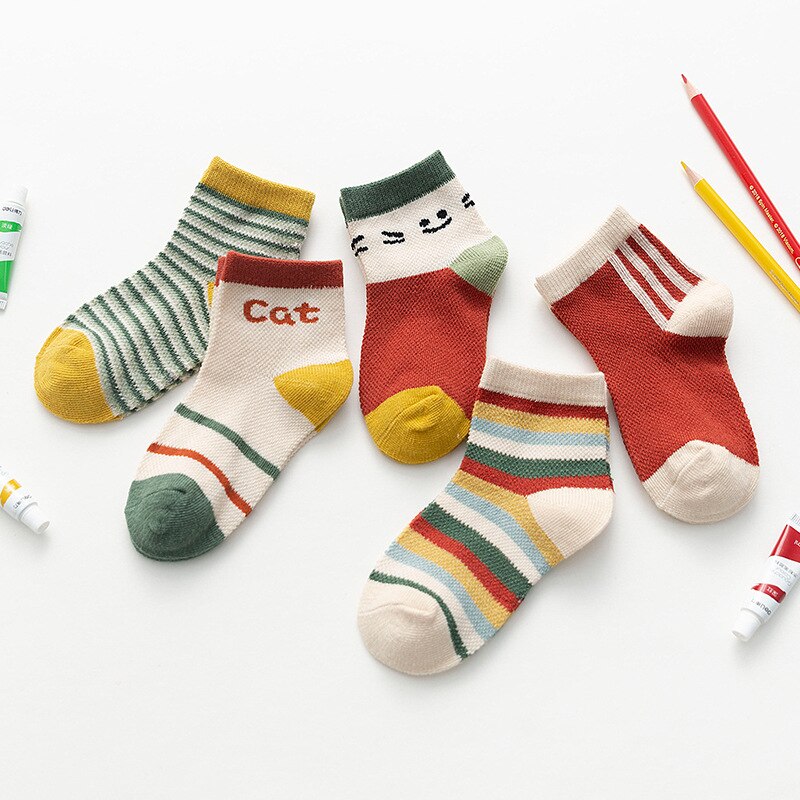 5Pairs kinder Socken Baumwolle kinder Socken Dünne Abschnitt Bär Kopf Sonne Cartoon Baumwolle Boot Socken Gestreiften Baby socken 1-12year