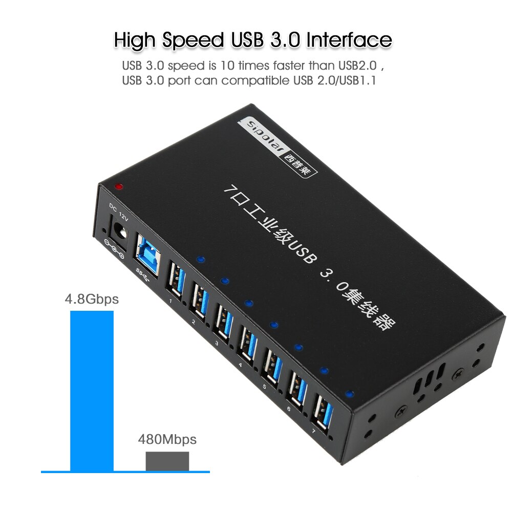 Sipolar Aluminum 7 Ports USB 3.0 Charger Hub Multi Port USB Splitter With 12V 3A Power Adapter LED Indicator Bracket A-173