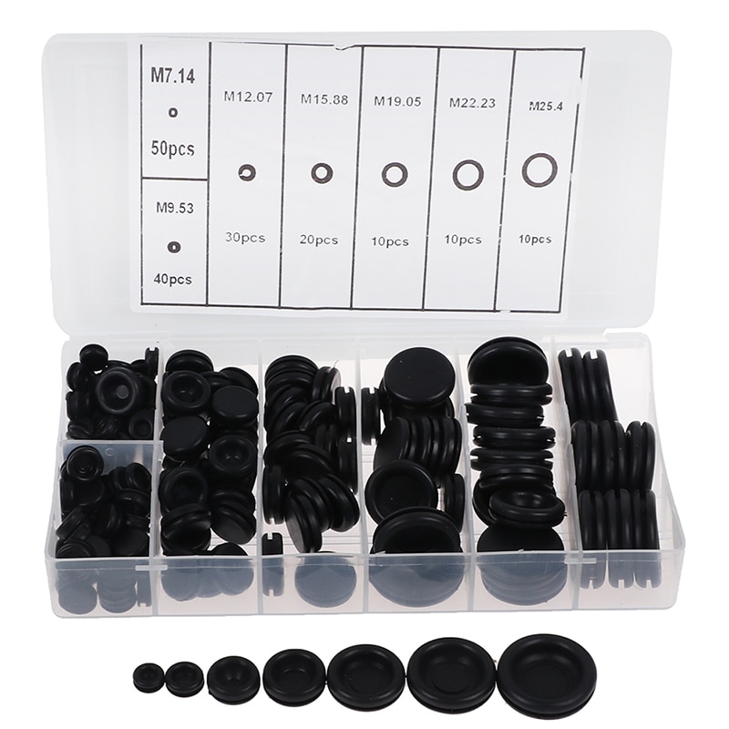 170pcs Black Closed Seal Ring Grommets Car Electrical Wiring Cable Gasket Kit Rubber Grommet Hole Plug Set with Plastic Box
