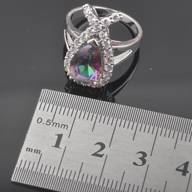 Water Dtrop – ensemble de bijoux pour femmes, couleur argent, zircone arc-en-ciel, Bracelet, pendentif, boucle d'oreille, de mariée, QS0572