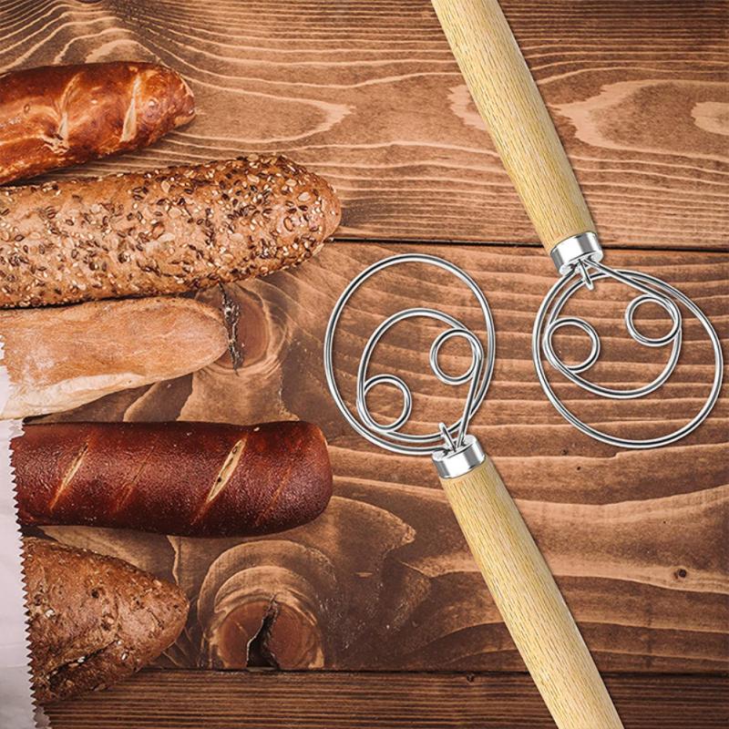 Wood Handle Flour Mixer 10 Inch Kitchen Baking Flour Mixing Tool Coil Mixing Stick Hand-held Flour Beater Dough Whisk