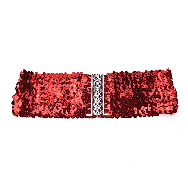 High , cinturones de metal lentejuela de mujer, dorado brillante fajín/Negro/sin plata, cinturón ancho elástico: Rojo