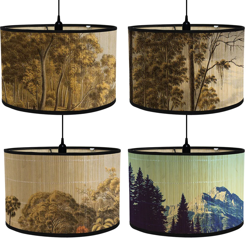 Nordische Trommel Lampen schirme Vintage Bambus Lampen abdeckung Blumen vögel Muster Tisch Stehlampen Pendel leuchte Cafe Home Homes tay Dekor