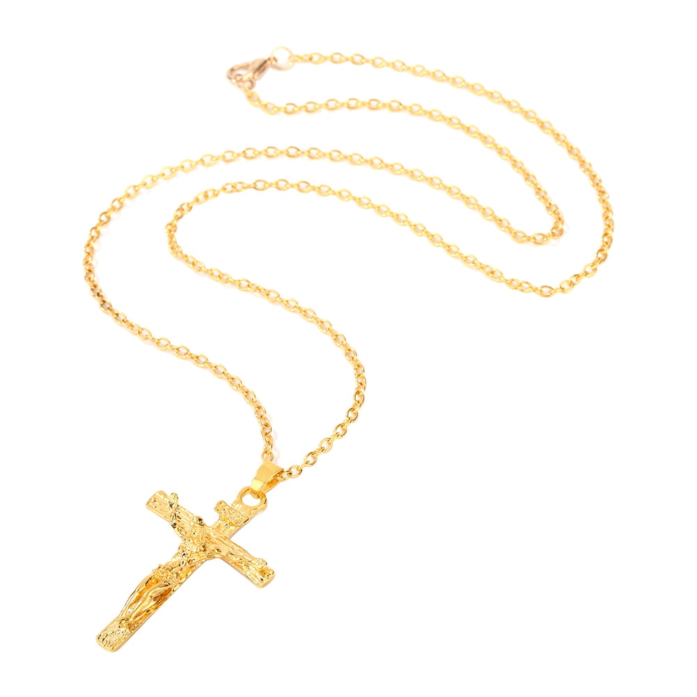 Vintage mænd kvinder jesus kryds vedhæng halskæder rustfrit stål krucifiks vedhæng link kæde smykker: Gd