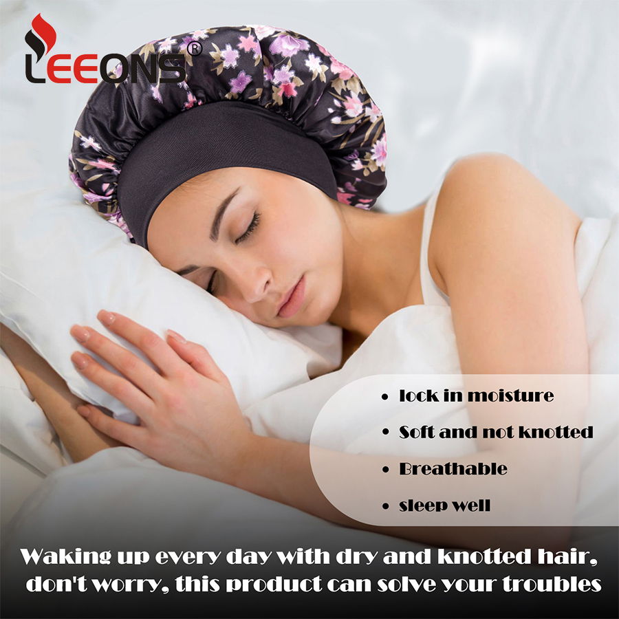 Red Flowers 1 Piece Sleep Cap Satin Bonnet Night Head Cover With Wide Band For Sleeping Soft Hair Silk Bonnet For Women Girls