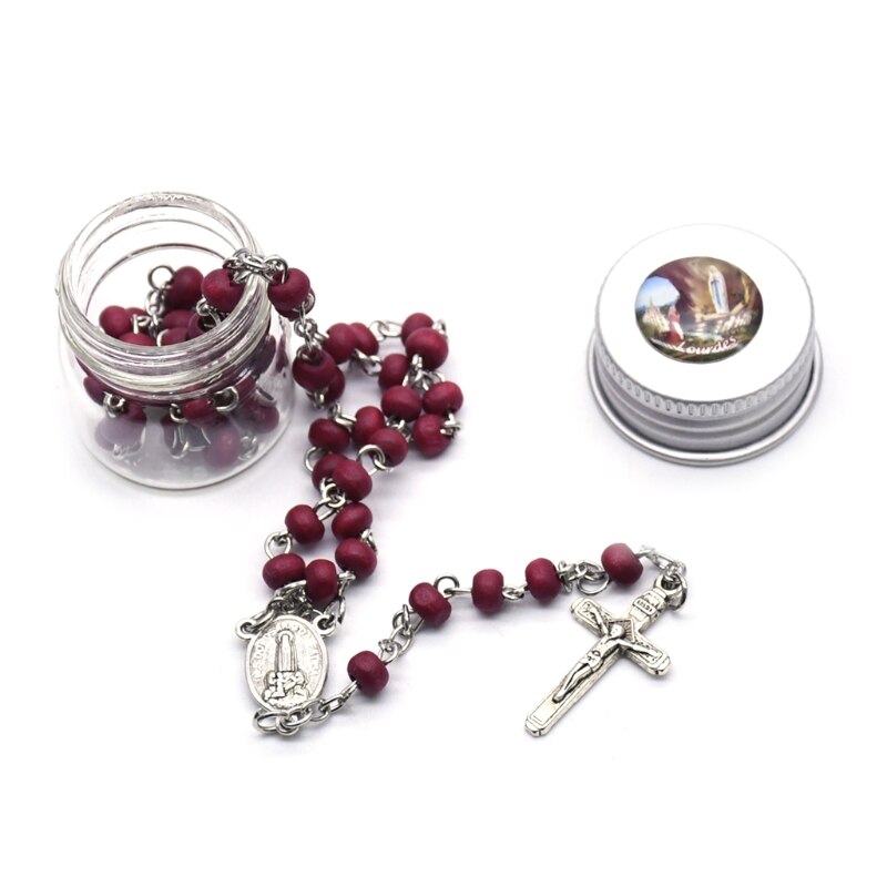 XX9B Rose Geur Rozenkrans Kruis Ketting Set Ketting Met Opbergdoos Voor Religieuze Kerk Decoratie Houten Kettingen