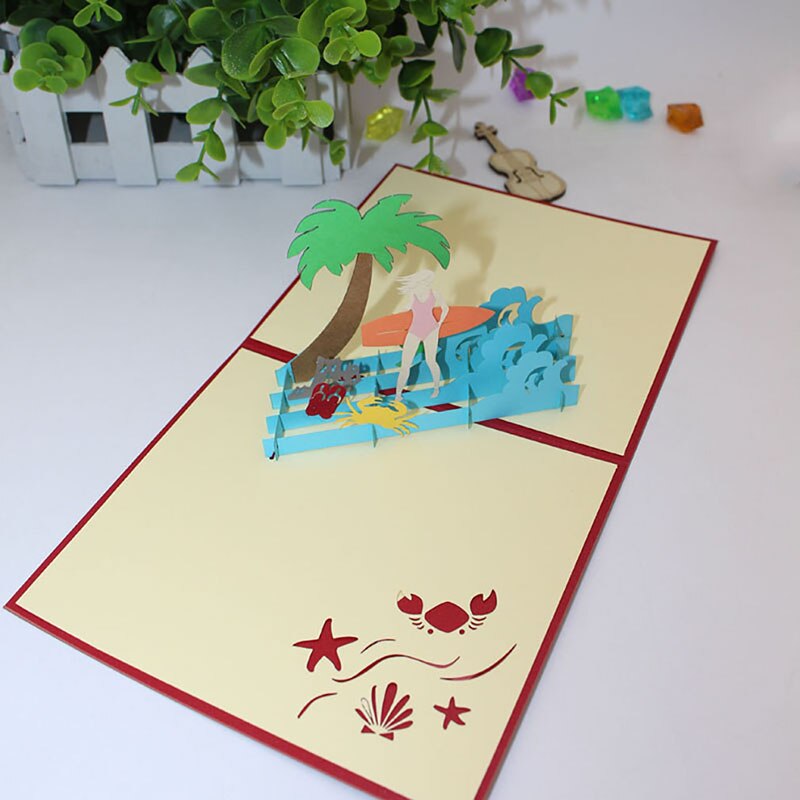 Paper Cut Origami Coconut Tree & Beach Greeting Card 3D Surfing Boy/Girl Cartoon Card Handmade Happy Birthday Card