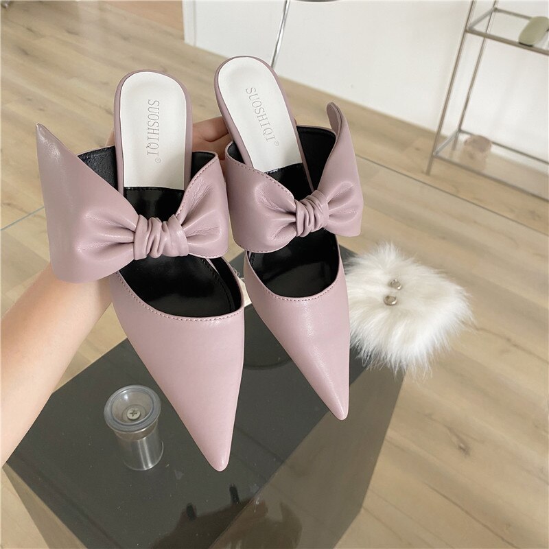 Kvinner slides tøfler spiss tå slip on tynne høye hæler tøfler bue muldyr sko slides flip flops pump: Rosa / 7