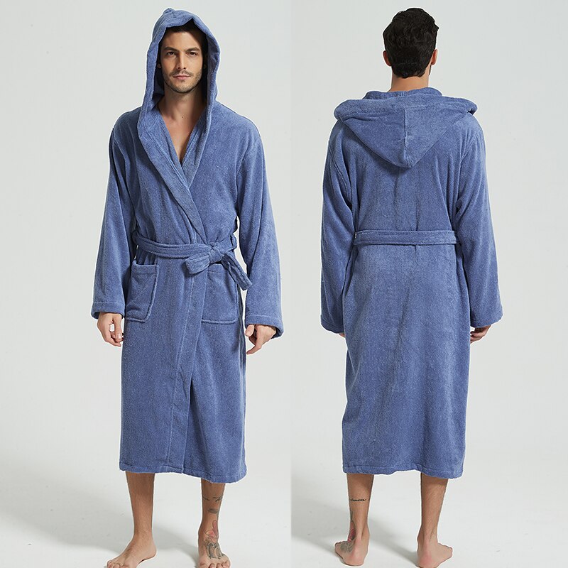 Mænd badekåbe hætte 100%  bomulds tykt varmt håndklæde fleece bomuld morgenkåbe lang badekåbe hotel spa blød brudepige kåbe: Blå / L (168-185cm)