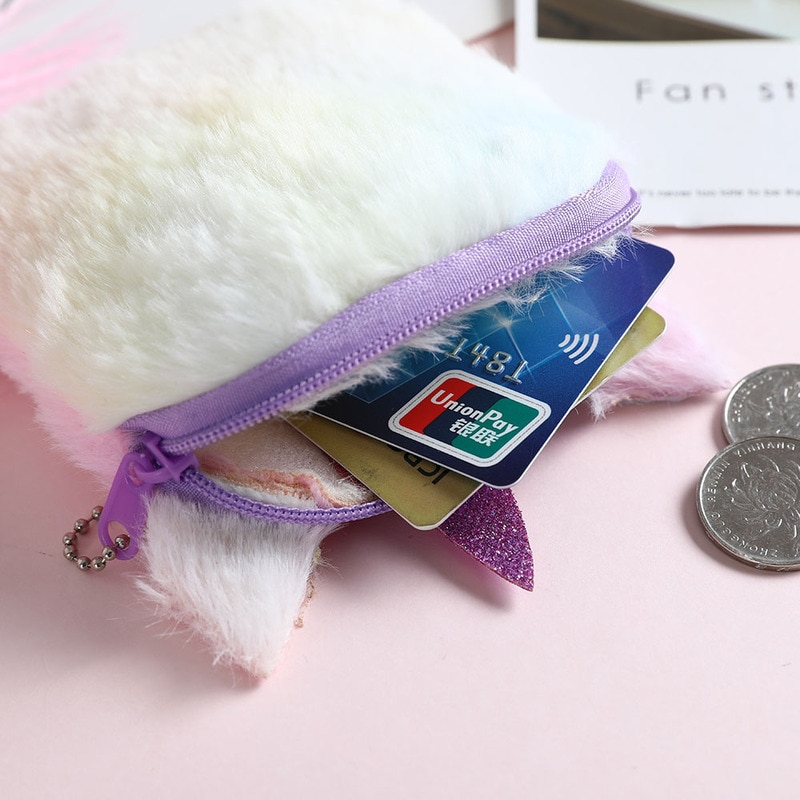 Cartoon Plush Unicorn Coin Purse Cute Cat Fur Circle Wallet Girl Clutch Embroidered Bag Key Earphone Organizer Pouch Kids