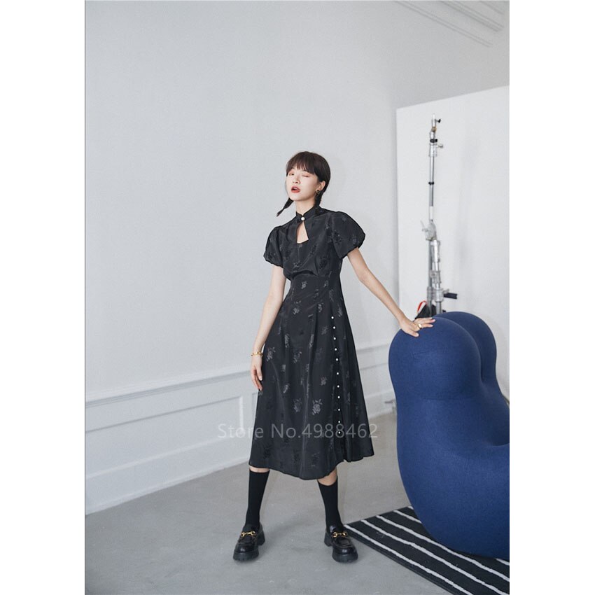 Chinês tradicional gótico preto moda feminina curto cheongsam vestido qipao curto split magro impressão festa vintage: Color1 / M
