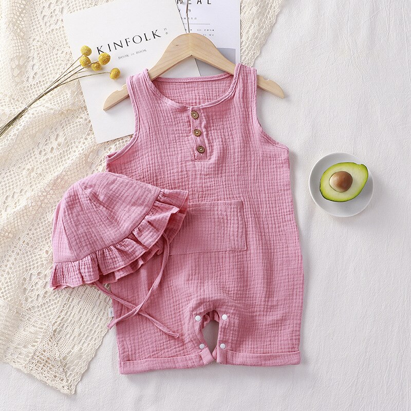 Peleles de verano para niños y niñas, monos sólidos sin mangas de algodón orgánico con botones, monos Unisex para bebé, ropa de una pieza: dustypink / 66(0-6M)