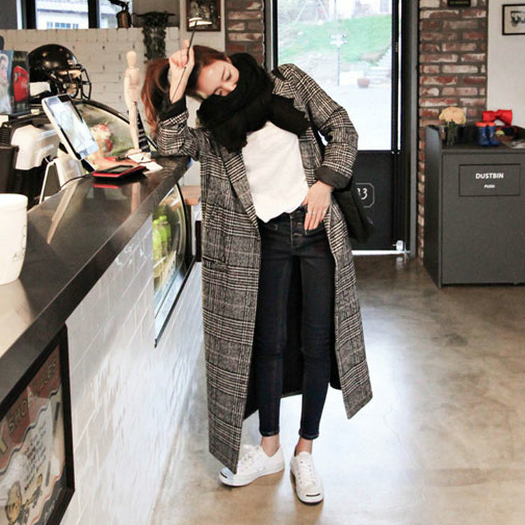 Smthma winter runway tweed wollen jas damesjas en casual rooster enkelrijs lange geruite jas abrigo mujer