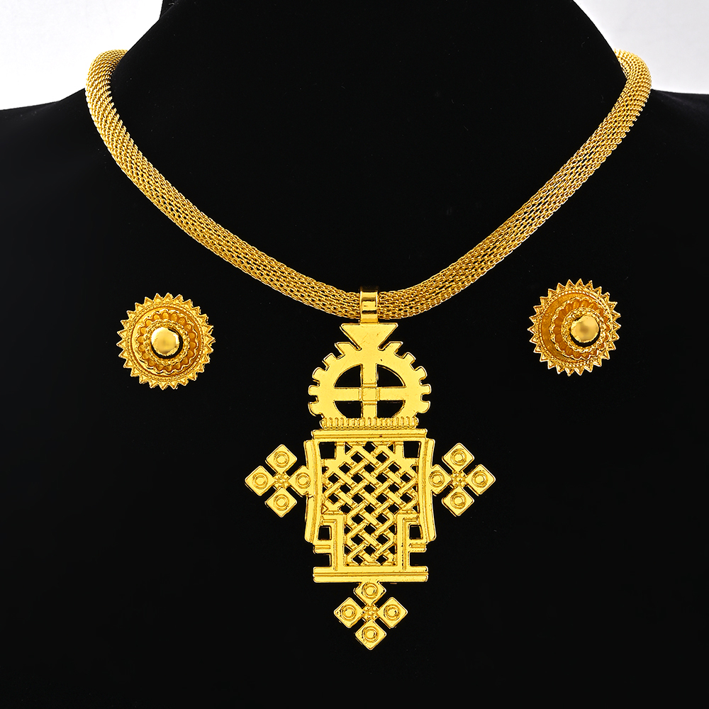 Saoedi-Arabië 24K Goud Kleur Ethiopië Vrouwen Sieraden Ketting Oorbel Afrikaanse Arabische Bruids Set Habesha Eritrea Party: Antique Gold Plated