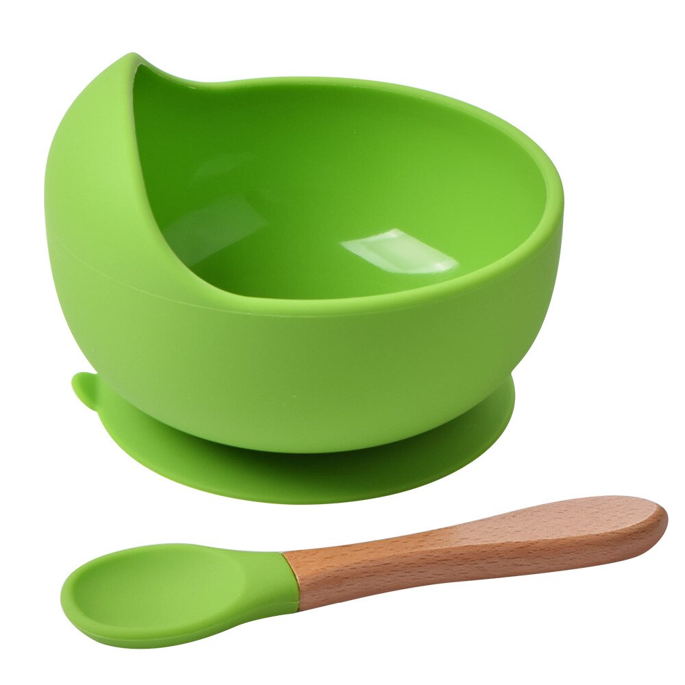 Tazón de silicona para bebé, vajilla de alimentación, cuchara de madera, cuenco de succión impermeable, platos antideslizantes, productos de cocina: Green