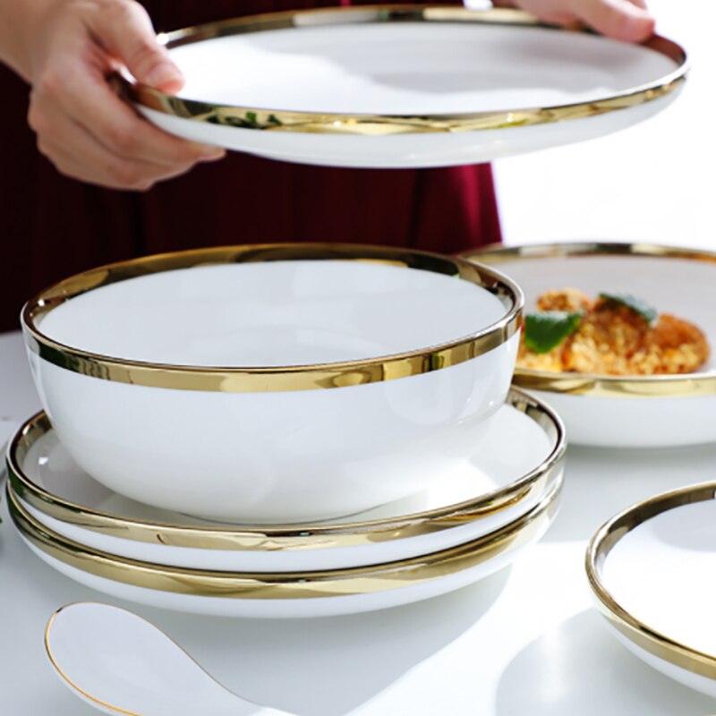 Ceramic Gold Plated Edge Plate Tableware Set White Porcelain Dinner Plate Household Kitchen Rice Bowl Salad Dish Steak Tray