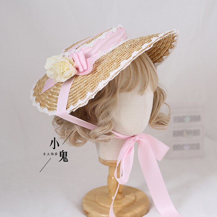 Sombrero de paja de flor con lazo bonito de Lolita, tocado para niñas, sombrilla plana, sombrero plano, adornos para el cabello hechos a mano, Cosplay: Pink