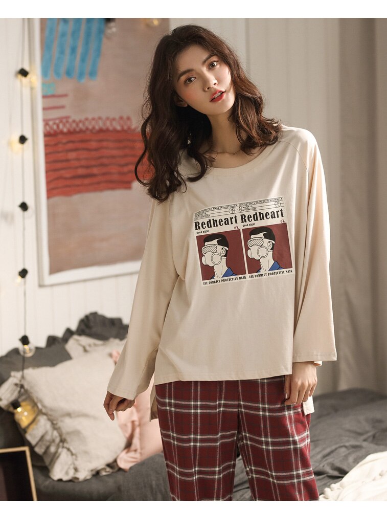 Conjunto de pijama de manga larga a cuadros de algodón rojo a cuadros para mujer
