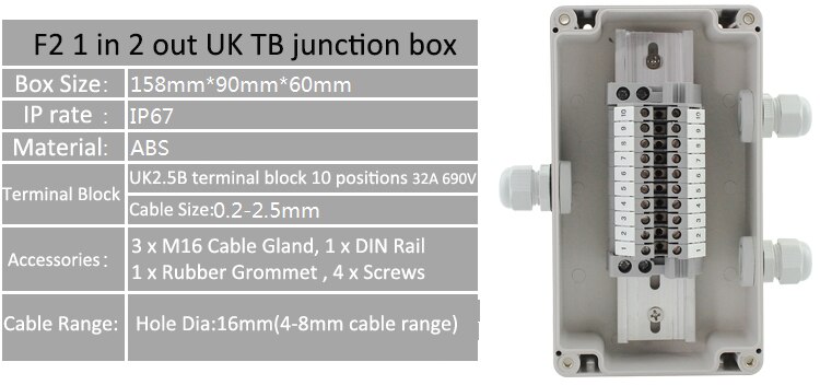 Waterproof Electrical Cable Junction Box Project Enlcosure Case 158*90*60mm with UK2.5B Din Rail Terminal Blocks M16 Cable gland: 1 in 2 out