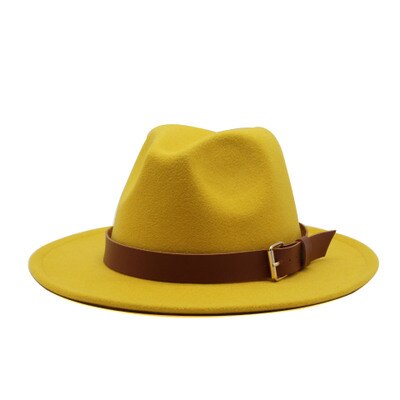 Fedora hoeden voor mannen, effen, formele kleding, kerk, bruiloft, brede rand, vilten hoed, winter, herfst, kaki, beige, riem, gesp, jazzpet voor mannen: Geel