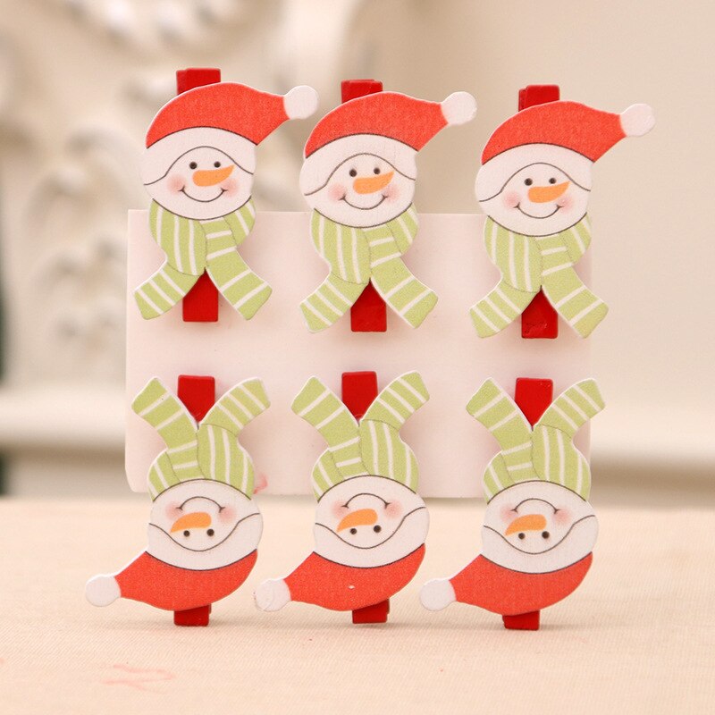 6 stuks kerstman eland houten clips rode kerstdecoratie clip mini houten fotopapier pin knutselclips kinderen: Sneeuwman