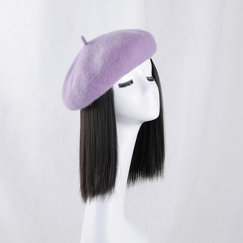 Boina de peluca sin pegamento, pelo liso clásico, Boina de pelo corto, Boina con volante grande, boina, peluca, gorro: Azul real