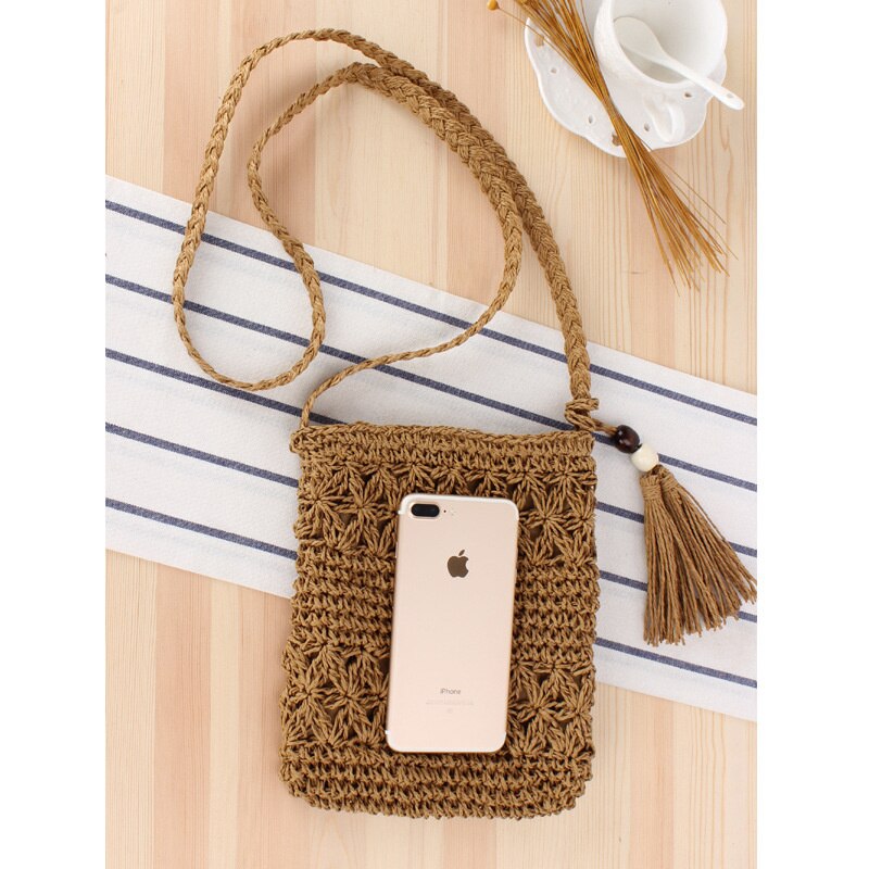 Sac en paille tissé à la main, sacoche ajourée Simple à pompon, sac de plage pour d&#39;été,