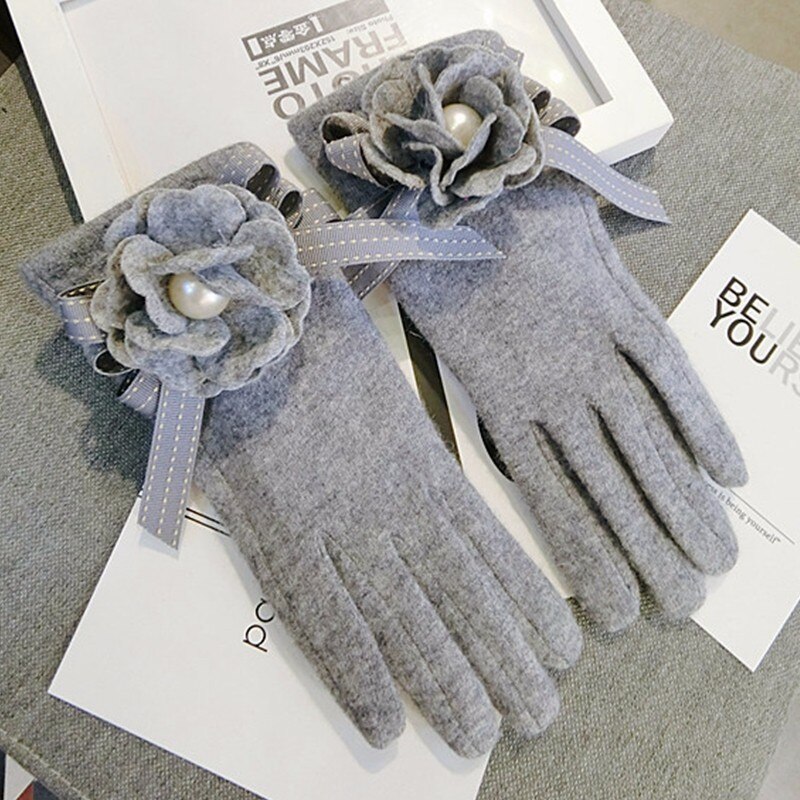Brand handsker vinter kvinders handsker kashmir vanter kvindelige store blomster varme uld handsker kvinder kørehandsker: Grå