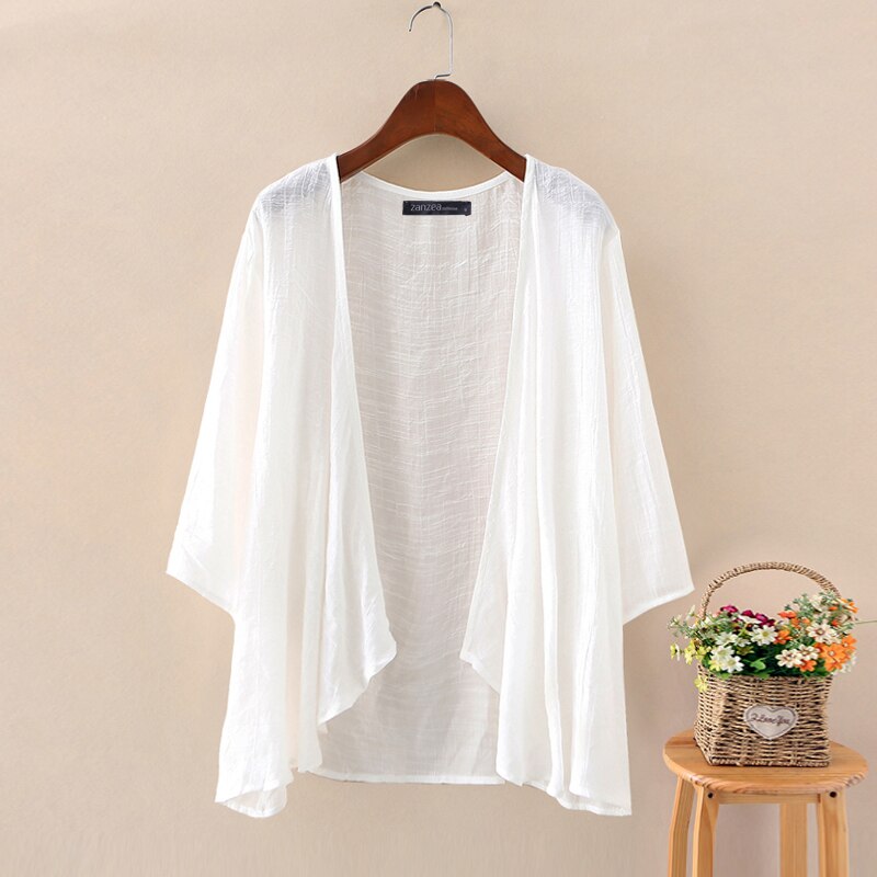 fest Strickjacken Frauen Sommer Bluse 2023 ZANZEA lässig Langarm Blusas Weibliche Dünne Tunika Spitzen Kimono Kap Plus Größe: XXL / Weiß