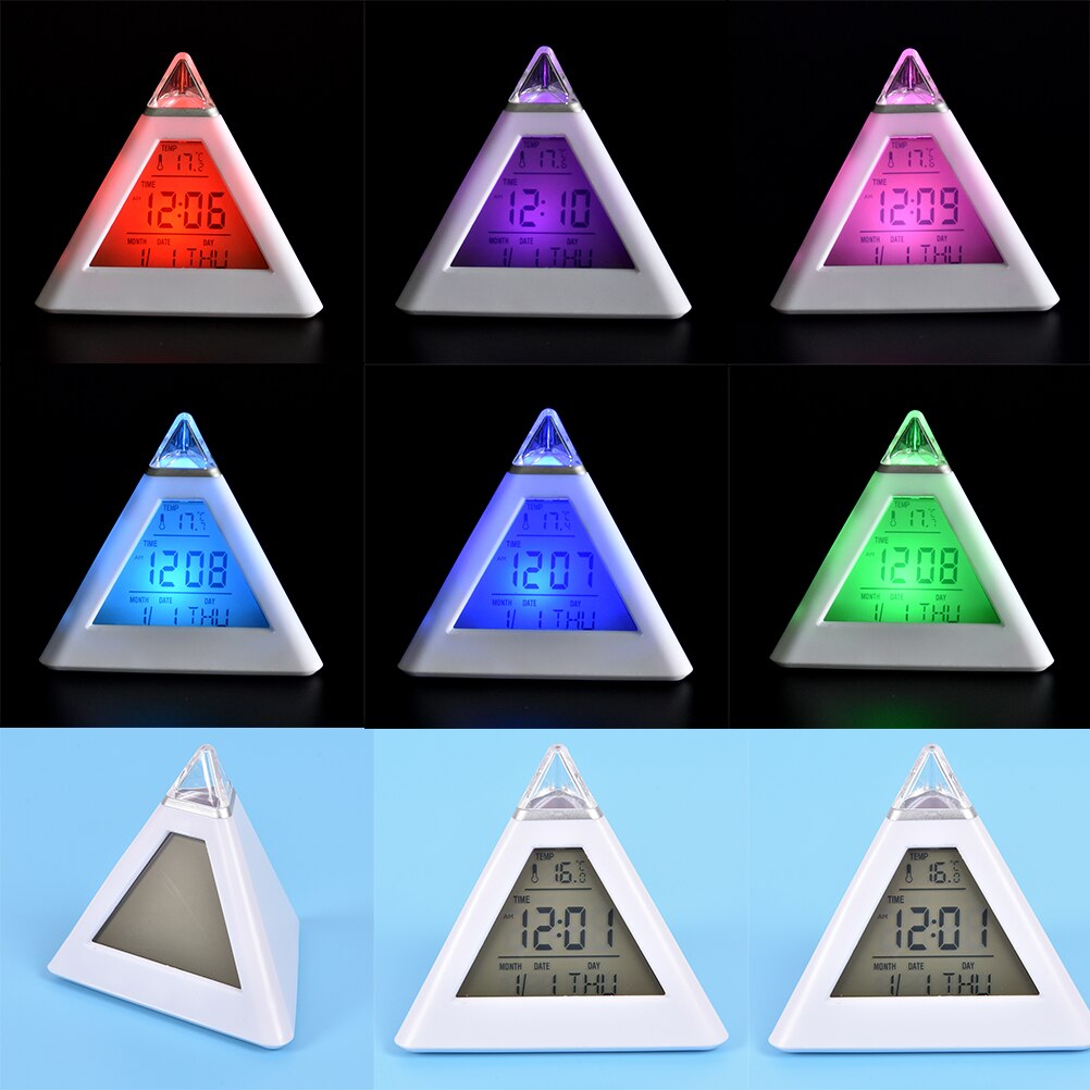 1Pc 7 LED Heimat Sekretariat Schreibtisch Pyramide Digitale Hintergrundbeleuchtung Ständig Wechselnden Tisch Wecker Thermometer Temperatur Kalender Datum Zeit