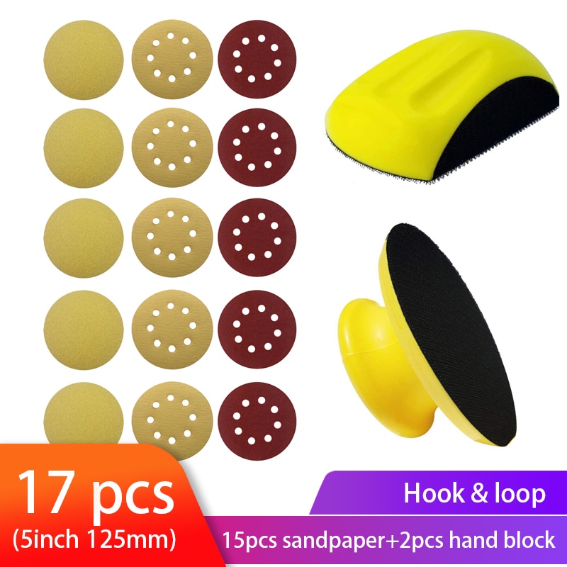 2pcs 5inch Sanding Disc Holder Hand Grinding Block Sand paper Backing Polishing Pad PU Foam + 15pcs Round Sandpaper for Wood